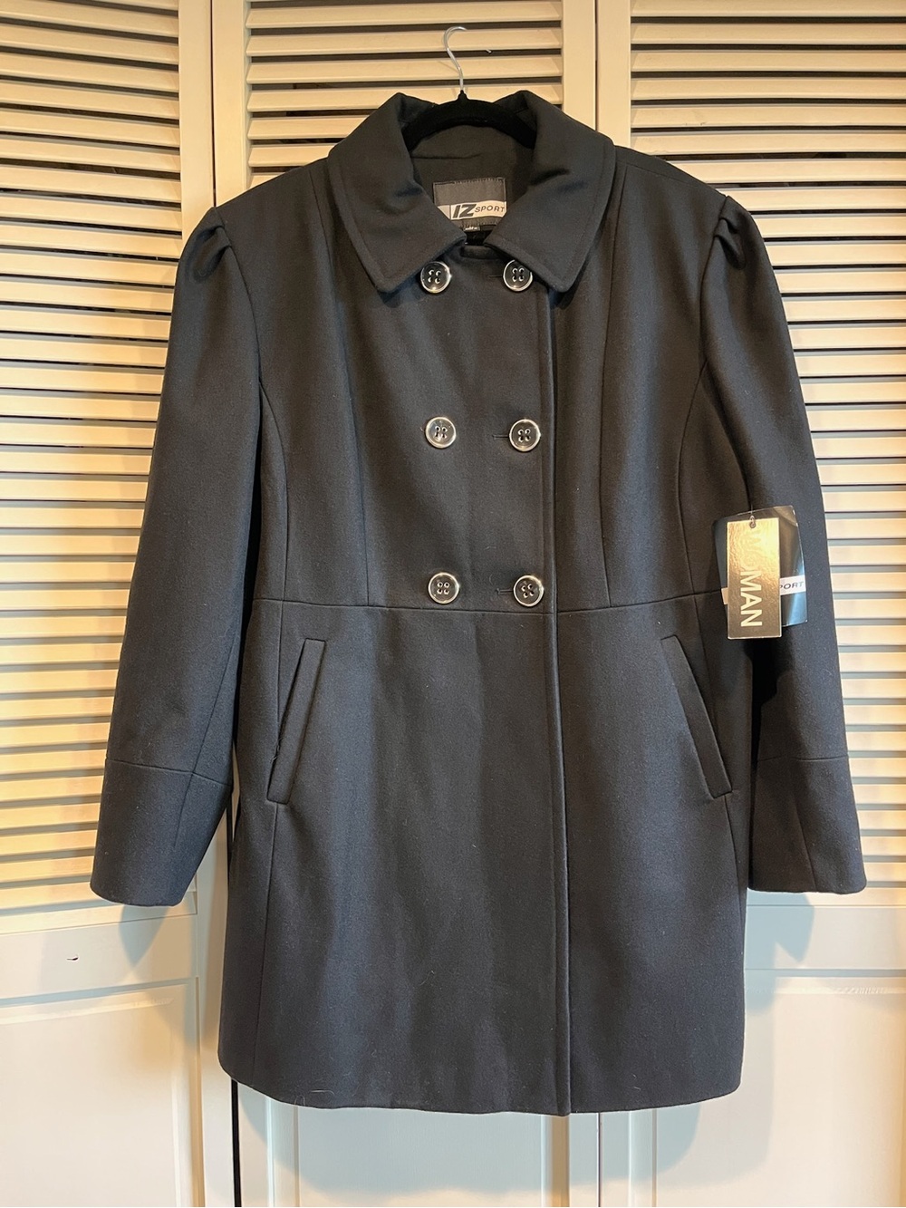 IZ Sport Black Double-Breasted Wool-Blend Pea Coat - NWT!